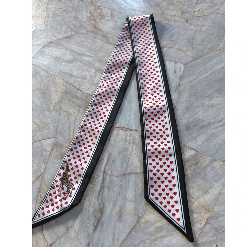 Heart Print Skinny Scarf w Giraffe Graphic Red White Black Twilly Bag Tie 36in
